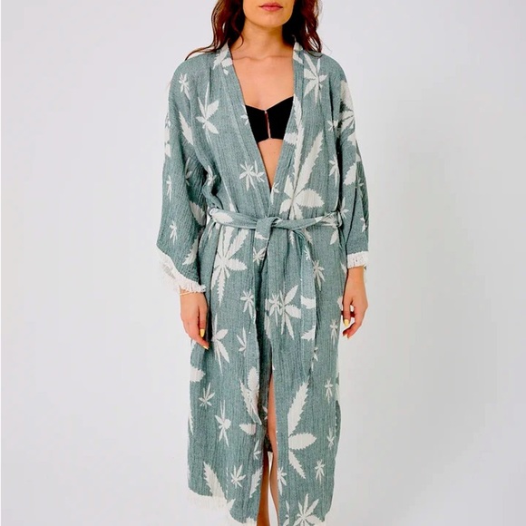 Women's Blue + White Leaf Patterned Robe One Size New 100% Organic Cotton NEW - Picture 7 of 12